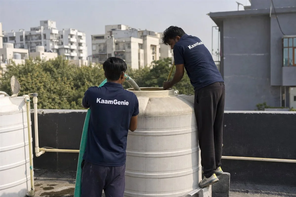 KaamGenie crew cleaning a water tank in Sector 46, Gurgaon