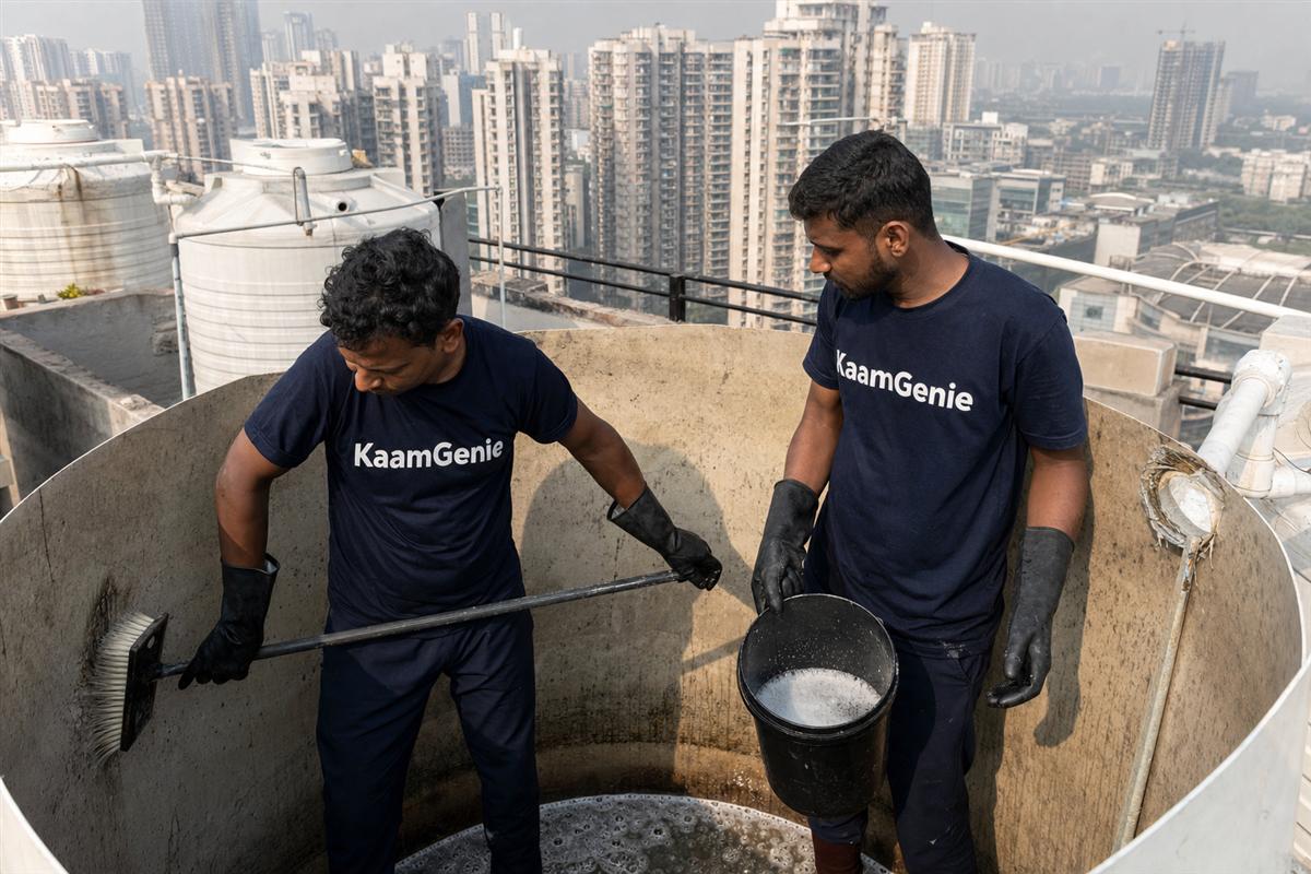 KaamGenie crew cleaning a water tank in Sector 48, Gurgaon