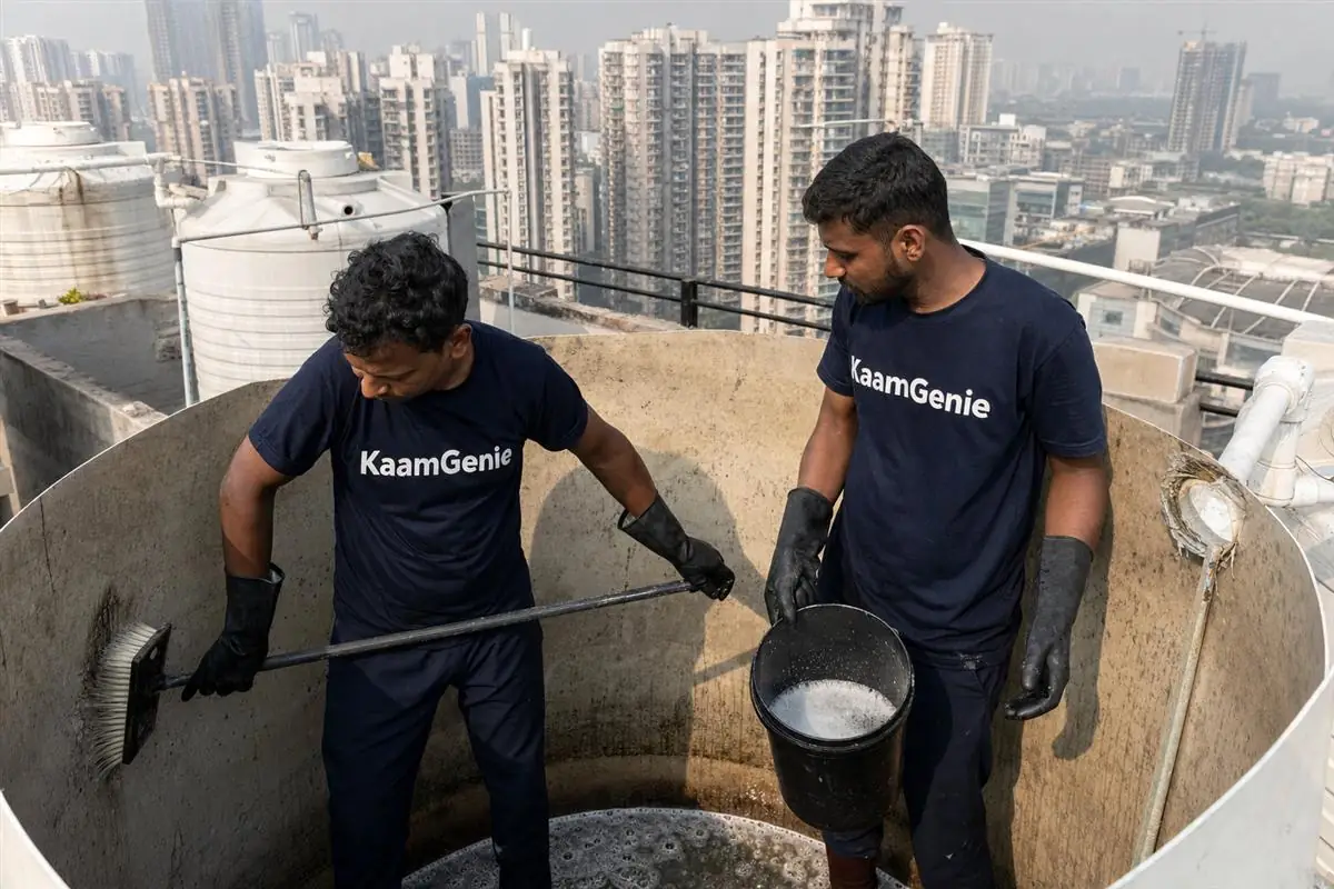KaamGenie crew cleaning a water tank in Sector 48, Gurgaon