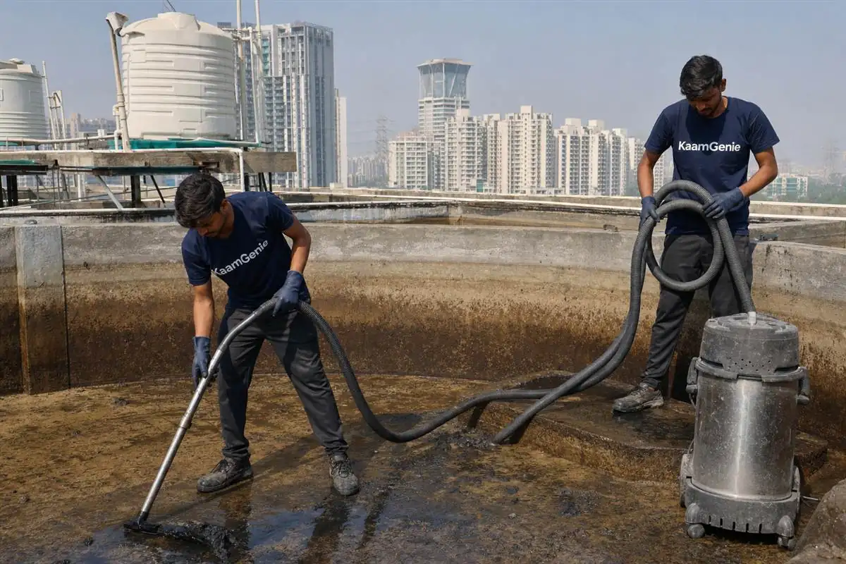 KaamGenie crew cleaning a water tank in Sector 49, Gurgaon