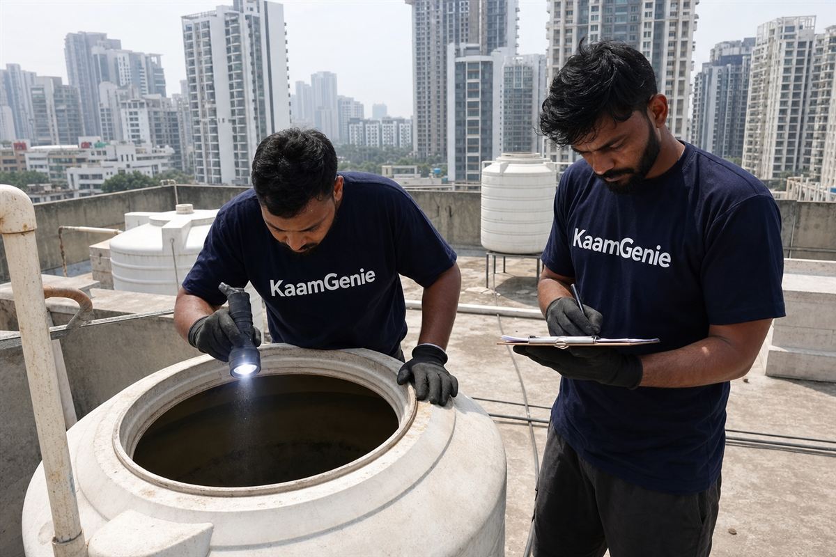 KaamGenie crew cleaning a water tank in Sector 50, Gurgaon