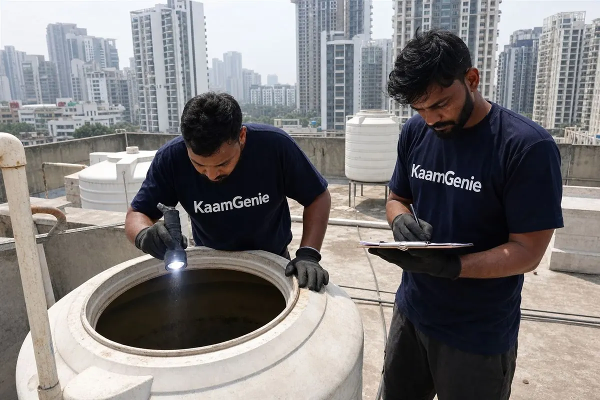 KaamGenie crew cleaning a water tank in Sector 50, Gurgaon