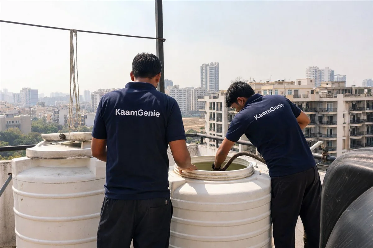 KaamGenie crew cleaning a water tank in Sector 51, Gurgaon
