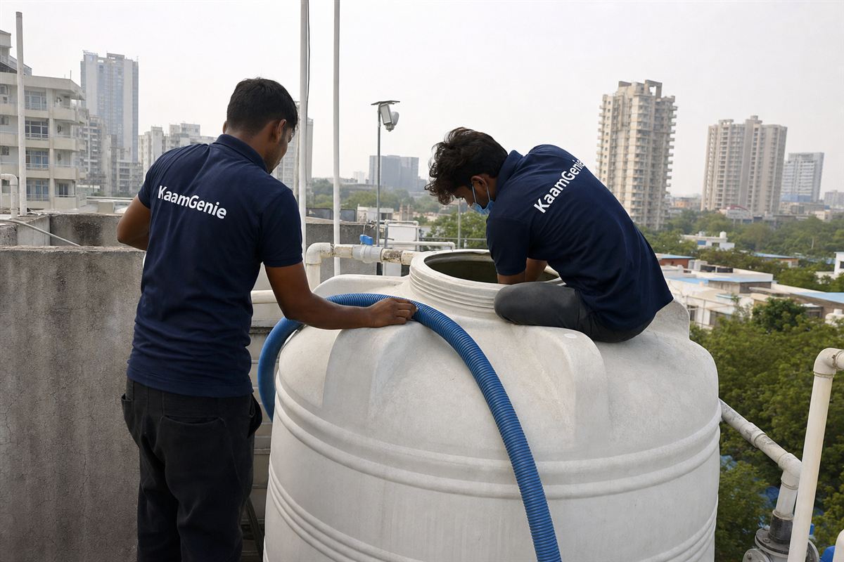 KaamGenie crew cleaning a water tank in Sector 52, Gurgaon