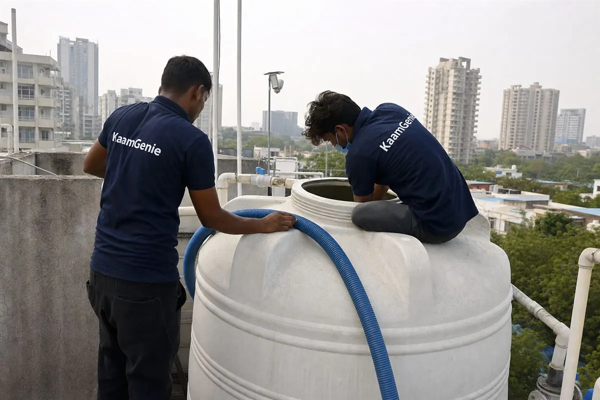 KaamGenie crew cleaning a water tank in Sector 52, Gurgaon
