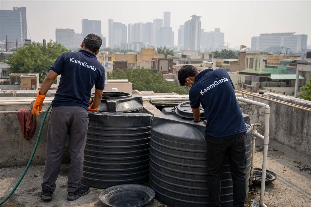 KaamGenie crew cleaning a water tank in Sector 53, Gurgaon