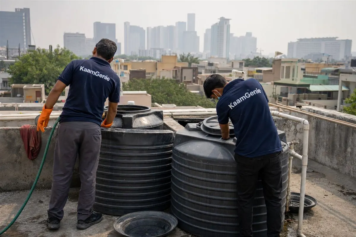 KaamGenie crew cleaning a water tank in Sector 53, Gurgaon