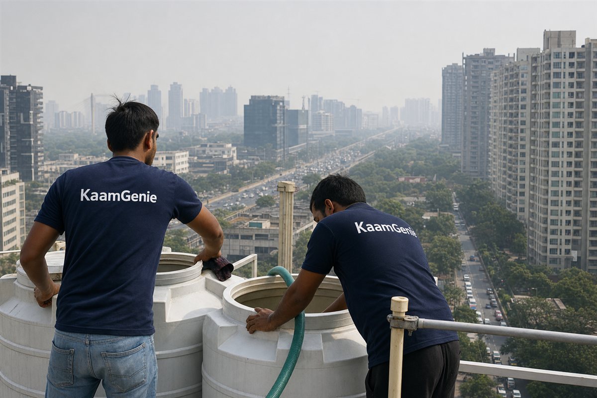 KaamGenie crew cleaning a water tank in Sector 54, Gurgaon