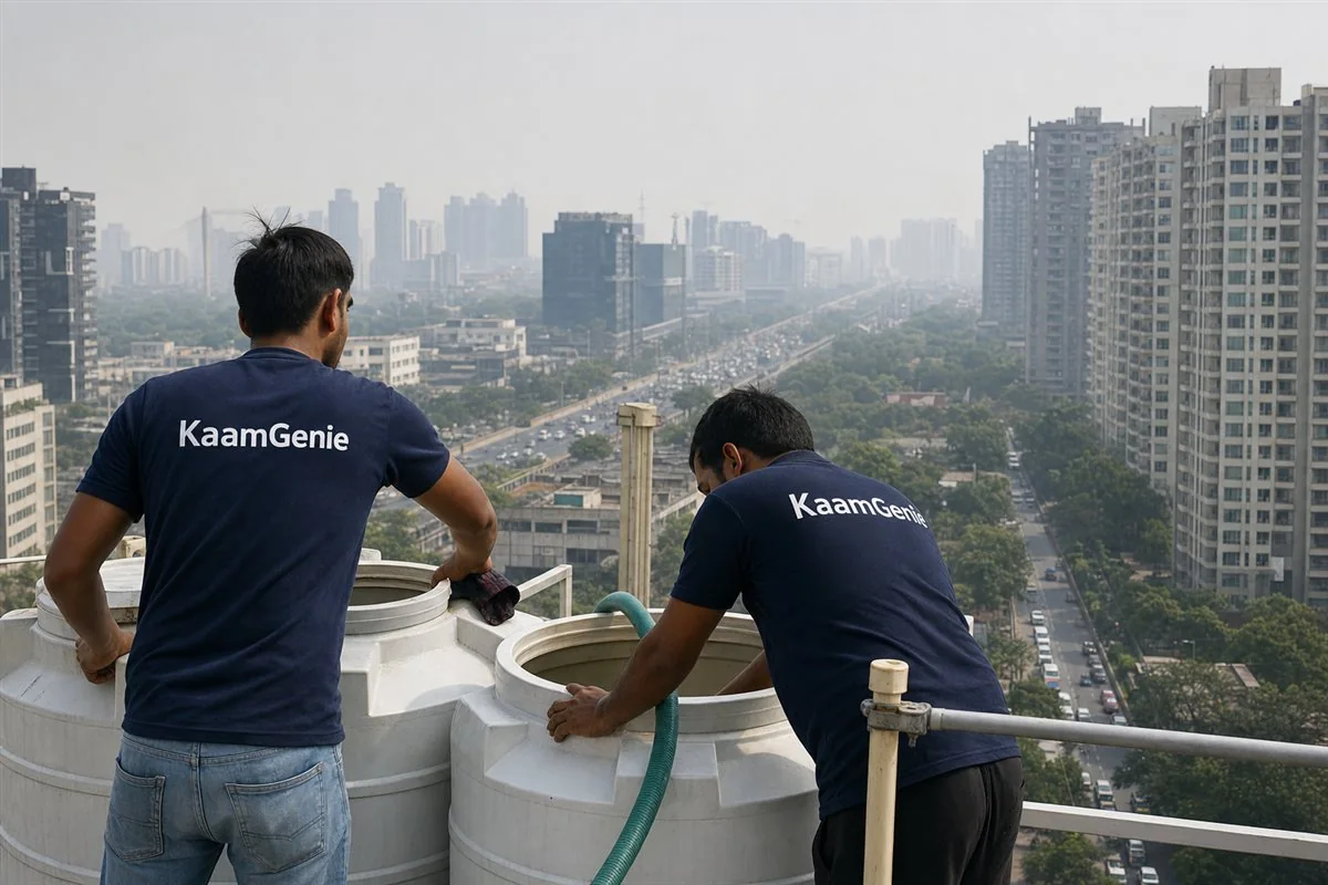 KaamGenie crew cleaning a water tank in Sector 54, Gurgaon