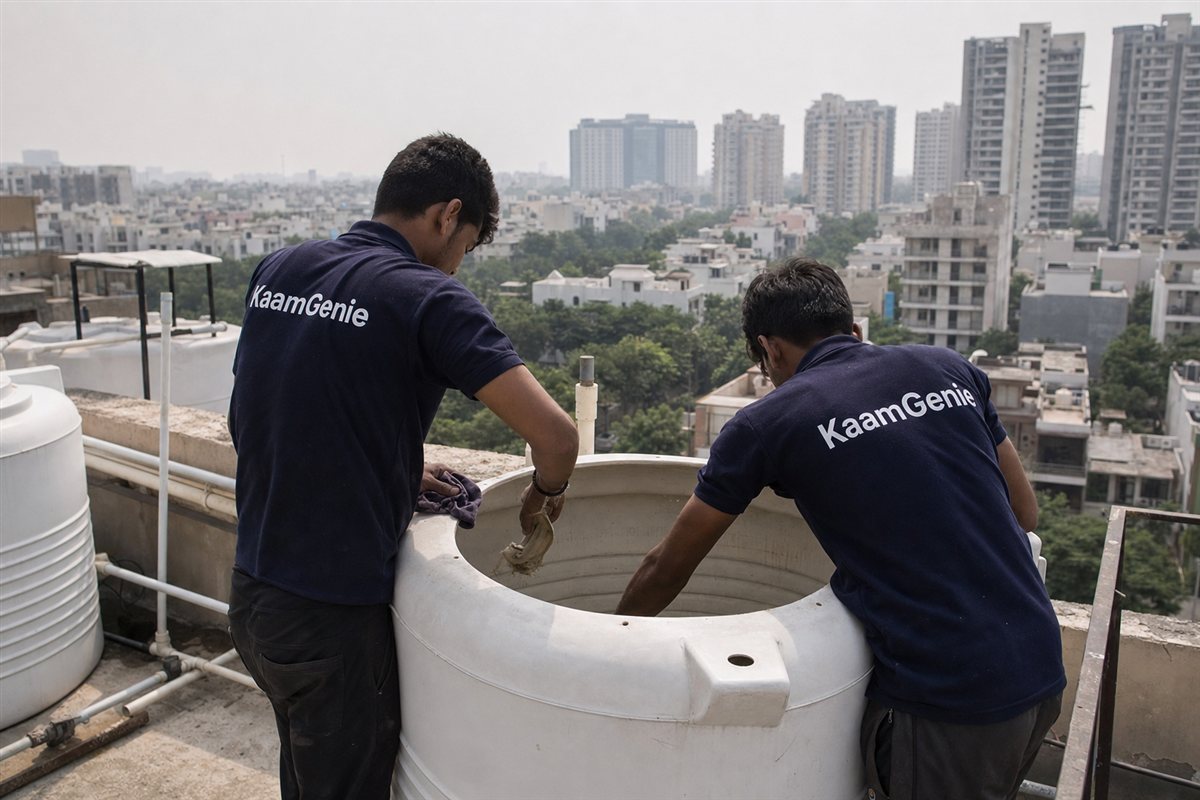 KaamGenie crew cleaning a water tank in Sector 55, Gurgaon