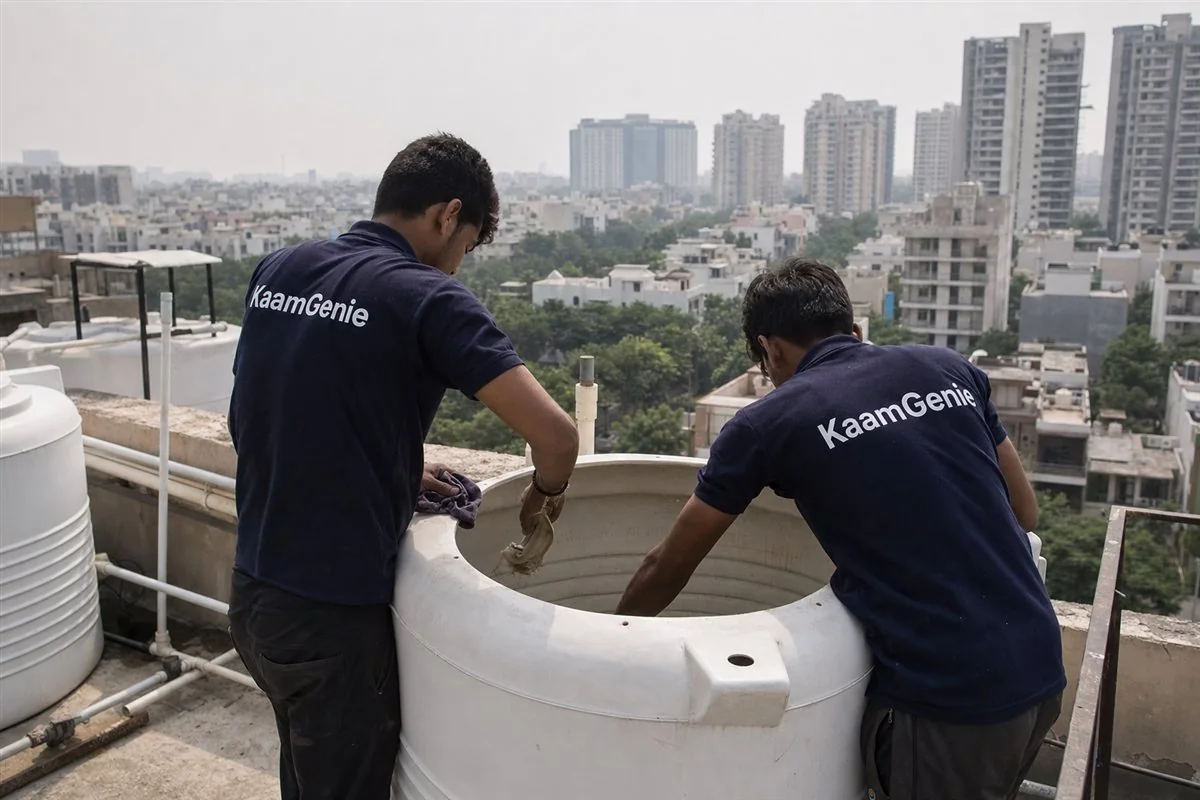 KaamGenie crew cleaning a water tank in Sector 55, Gurgaon
