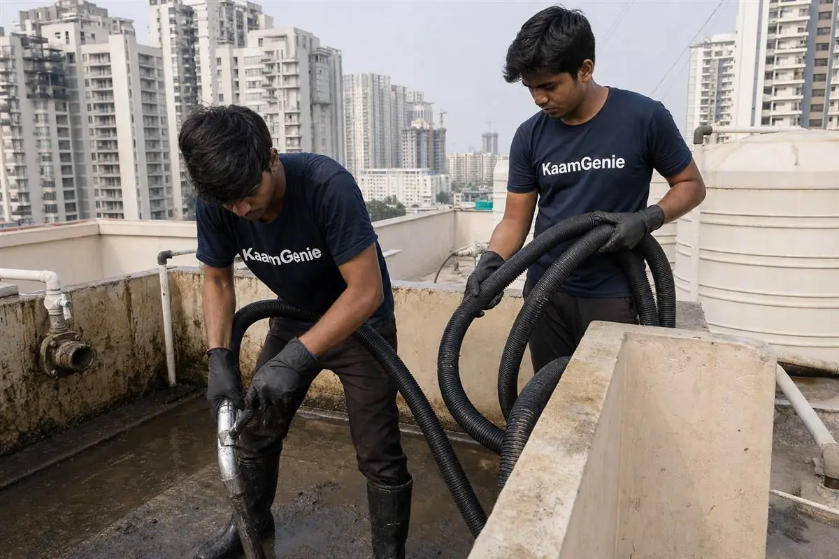 KaamGenie crew cleaning a water tank in Sector 56, Gurgaon