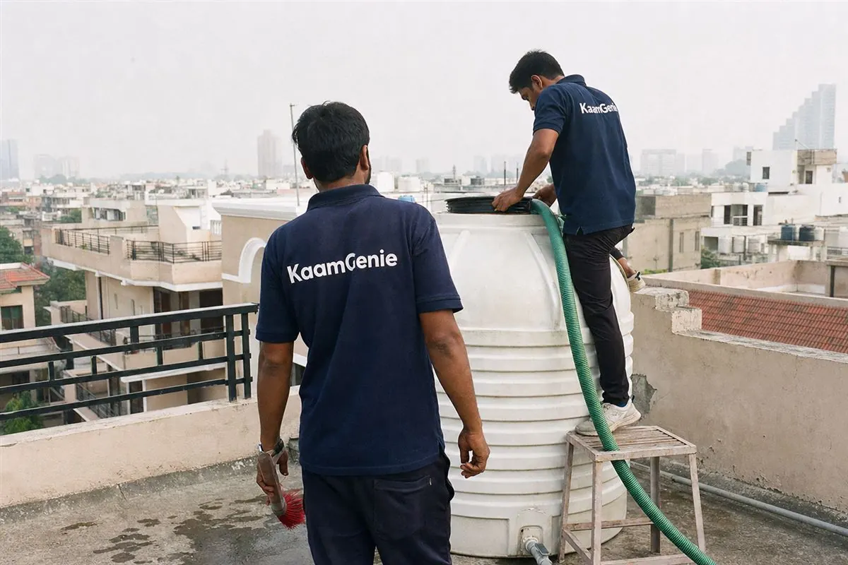 KaamGenie crew cleaning a water tank in Sector 57, Gurgaon
