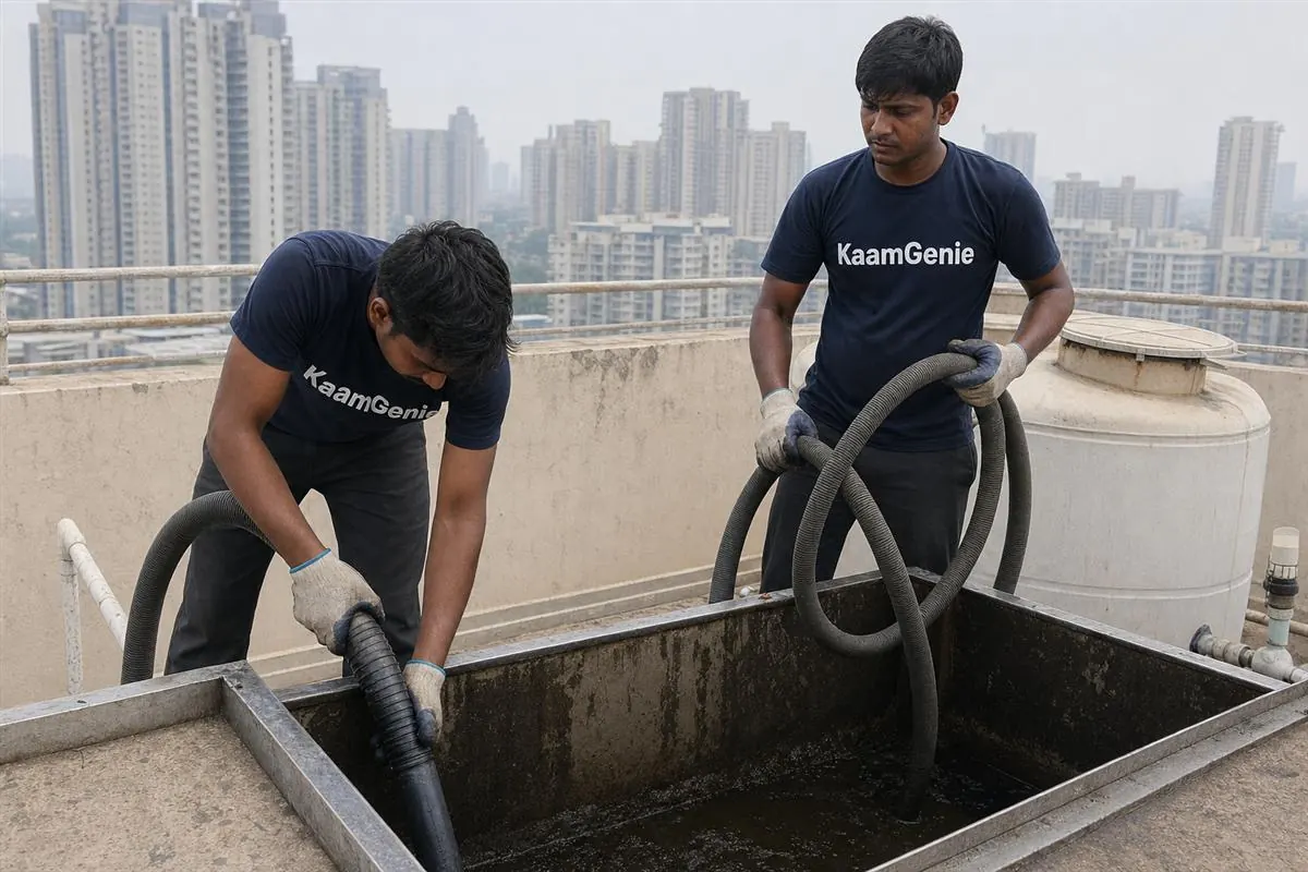 KaamGenie crew cleaning a water tank in Sector 58, Gurgaon