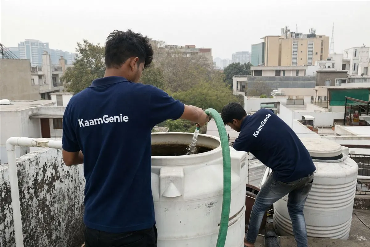 KaamGenie crew cleaning a water tank in Sector 6, Gurgaon