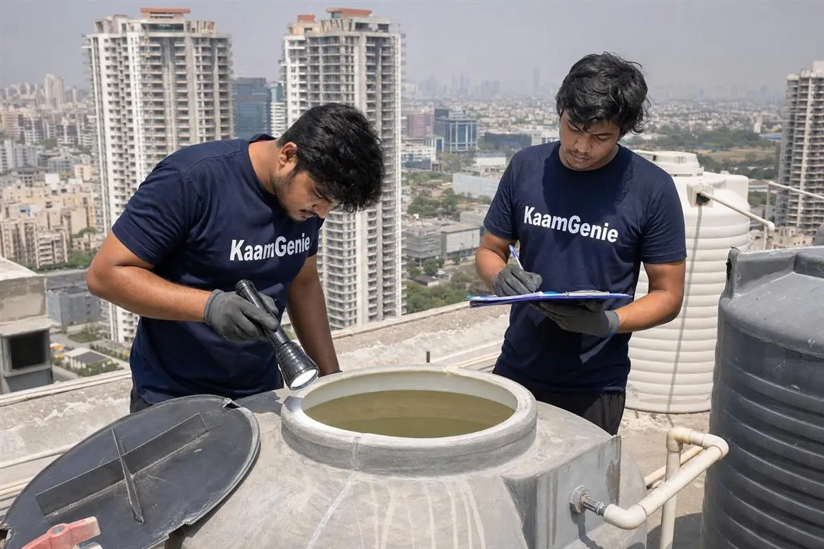 KaamGenie crew cleaning a water tank in Sector 60, Gurgaon