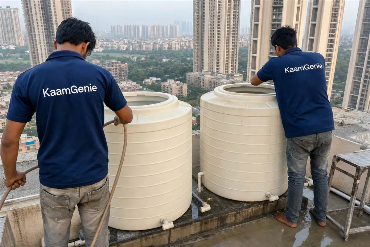 KaamGenie crew cleaning a water tank in Sector 62, Gurgaon