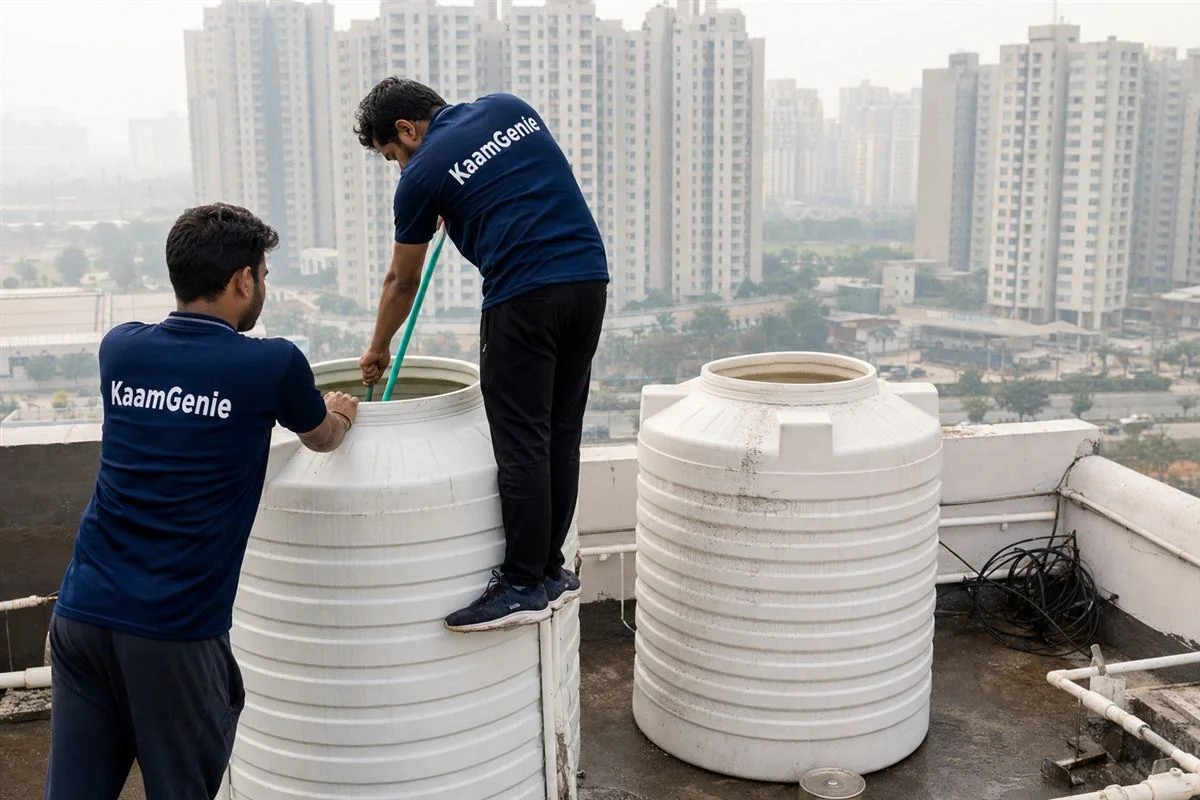 KaamGenie crew cleaning a water tank in Sector 63, Gurgaon