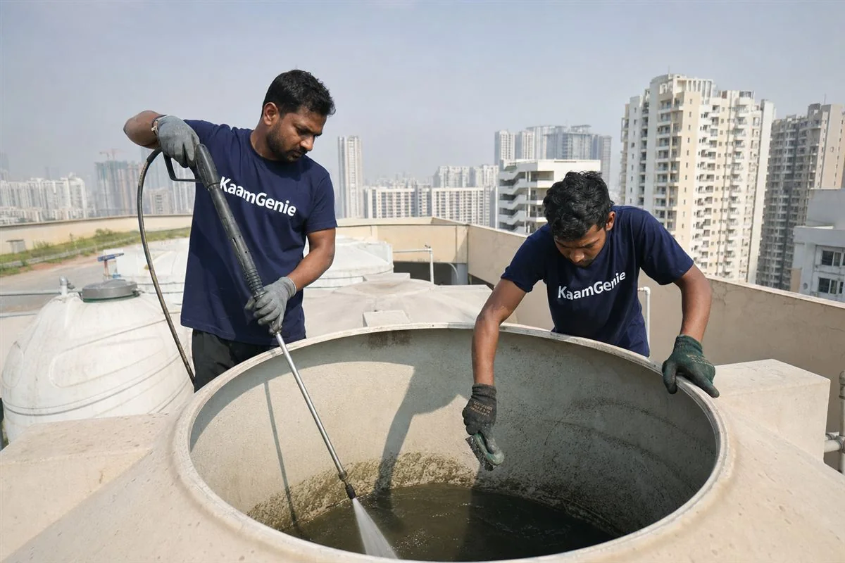 KaamGenie crew cleaning a water tank in Sector 67, Gurgaon