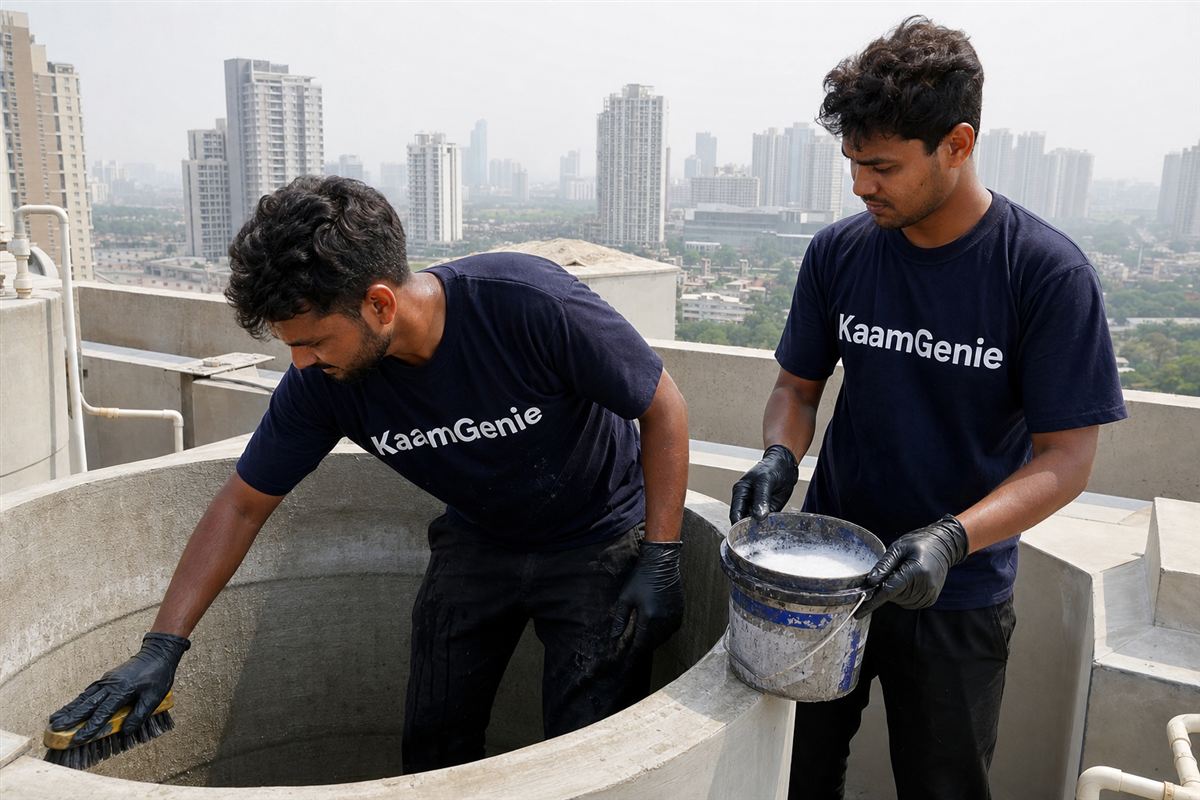 KaamGenie crew cleaning a water tank in Sector 68, Gurgaon