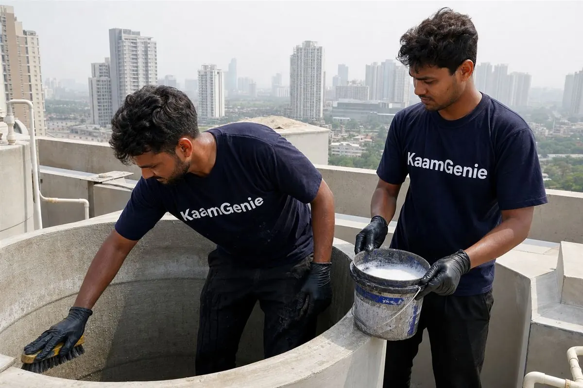 KaamGenie crew cleaning a water tank in Sector 68, Gurgaon