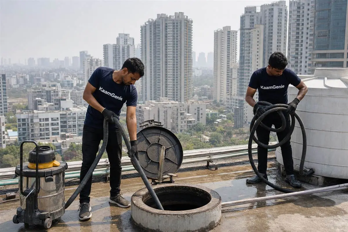 KaamGenie crew cleaning a water tank in Sector 69, Gurgaon