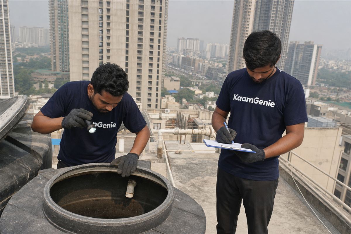 KaamGenie crew cleaning a water tank in Sector 70, Gurgaon