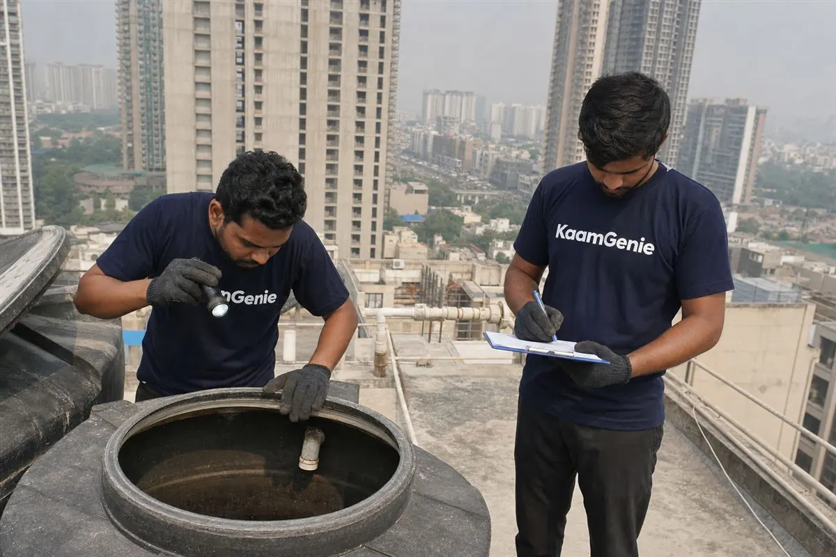 KaamGenie crew cleaning a water tank in Sector 70, Gurgaon