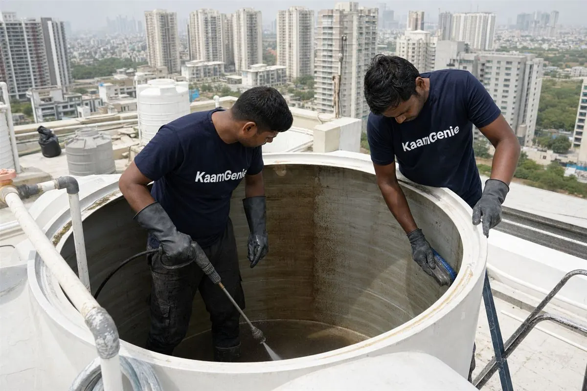 KaamGenie crew cleaning a water tank in Sector 72, Gurgaon