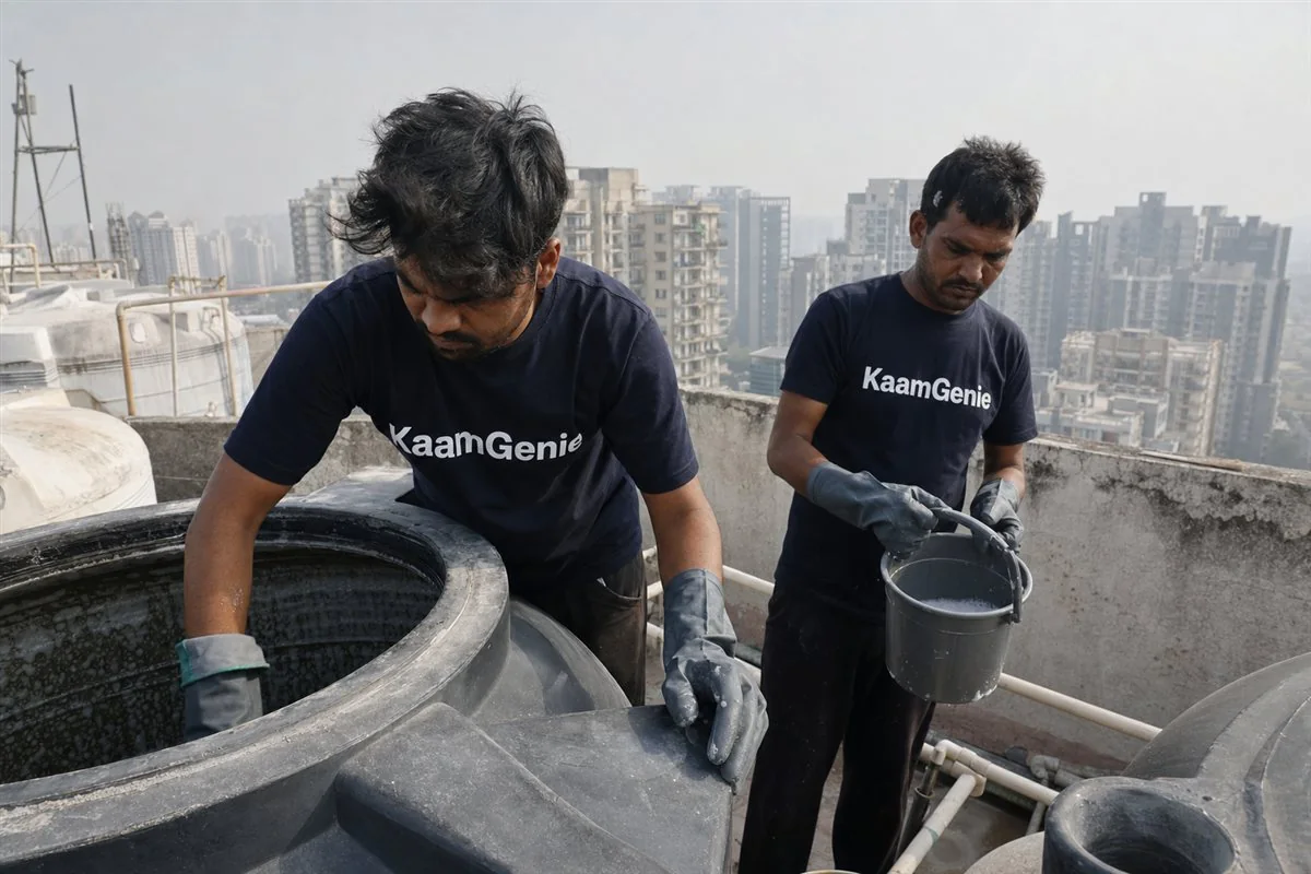 KaamGenie crew cleaning a water tank in Sector 73, Gurgaon