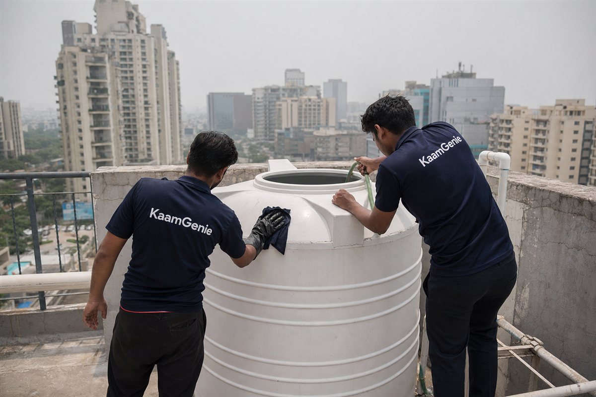 KaamGenie crew cleaning a water tank in Sector 74, Gurgaon