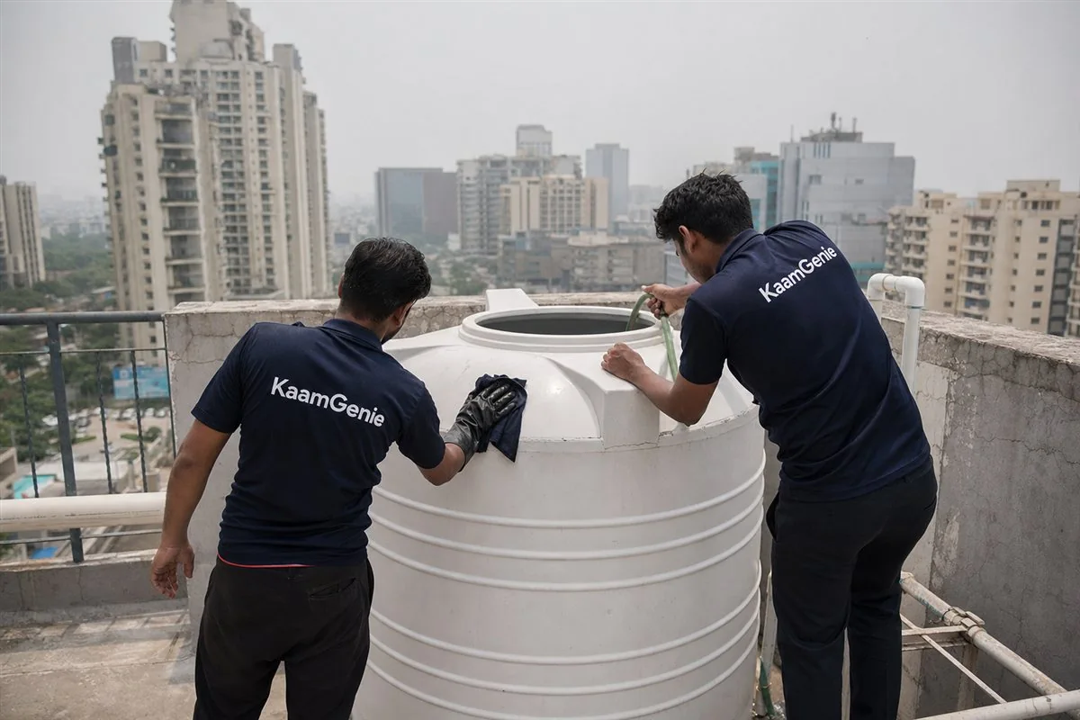 KaamGenie crew cleaning a water tank in Sector 74, Gurgaon