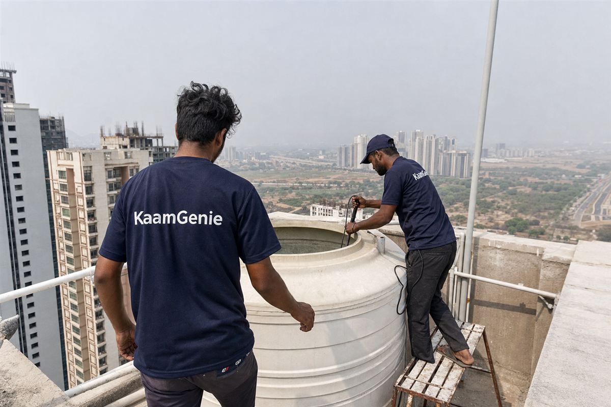 KaamGenie crew cleaning a water tank in Sector 76, Gurgaon