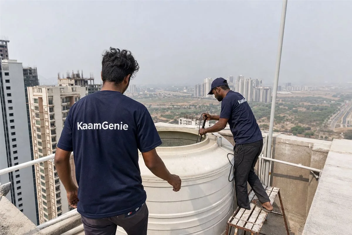 KaamGenie crew cleaning a water tank in Sector 76, Gurgaon