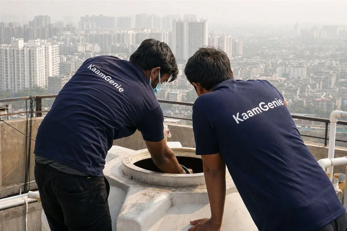 KaamGenie crew cleaning a water tank in Sector 77, Gurgaon