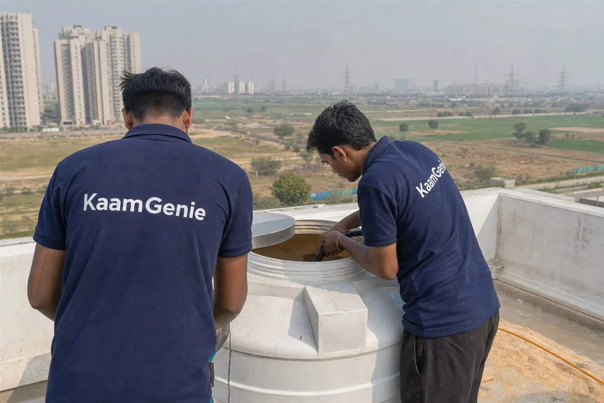 KaamGenie crew cleaning a water tank in Sector 79, Gurgaon