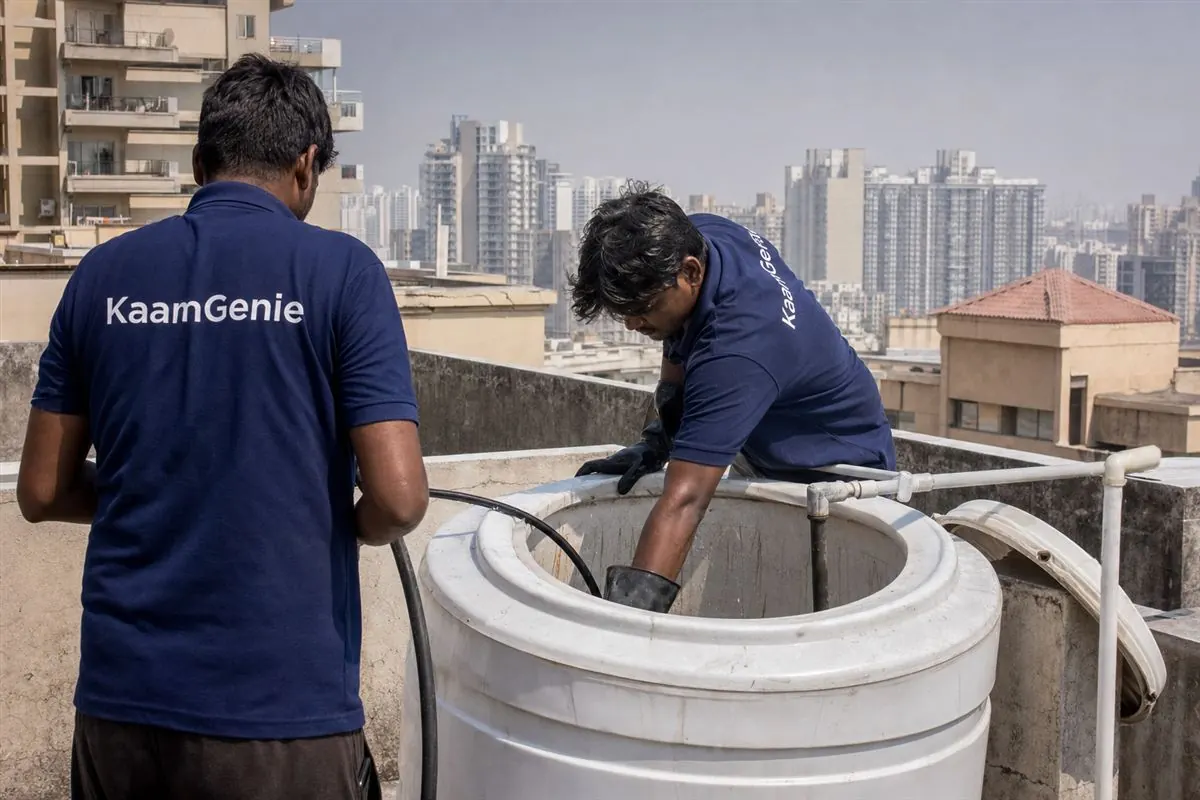 KaamGenie crew cleaning a water tank in Sector 80 (near NH-48 / Kherki Daula), Gurgaon