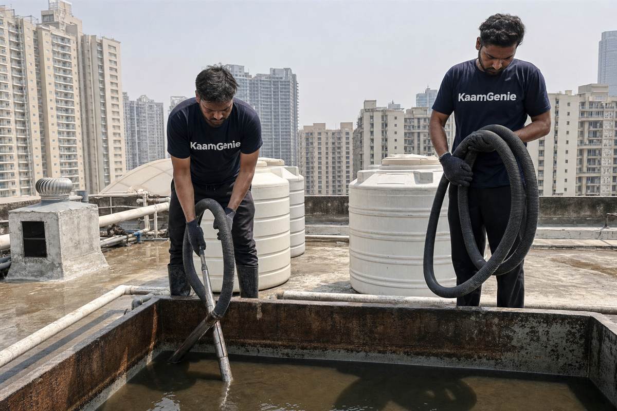 KaamGenie crew cleaning a water tank in Sector 82, Gurgaon