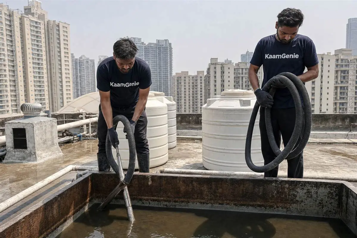 KaamGenie crew cleaning a water tank in Sector 82, Gurgaon
