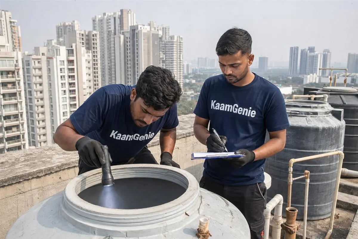 KaamGenie crew cleaning a water tank in Sector 83, Gurgaon