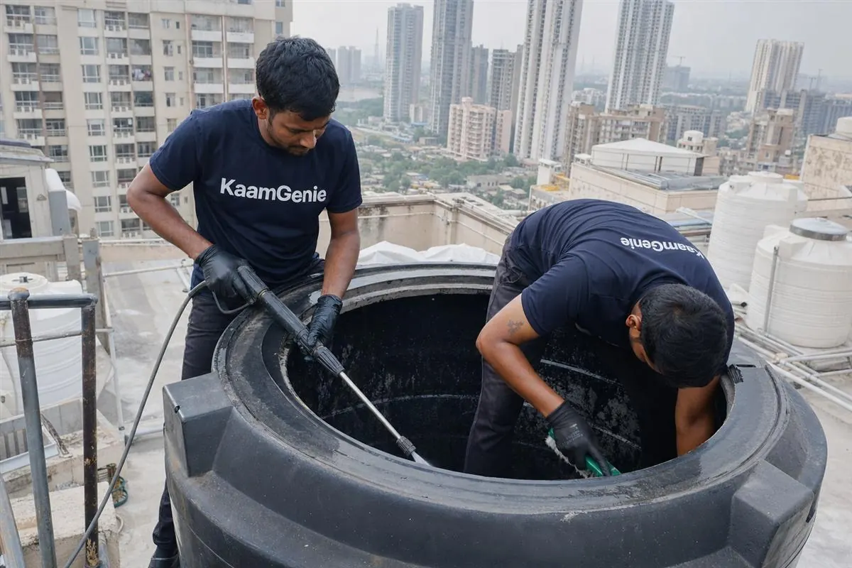 KaamGenie crew cleaning a water tank in Sector 84, Gurgaon