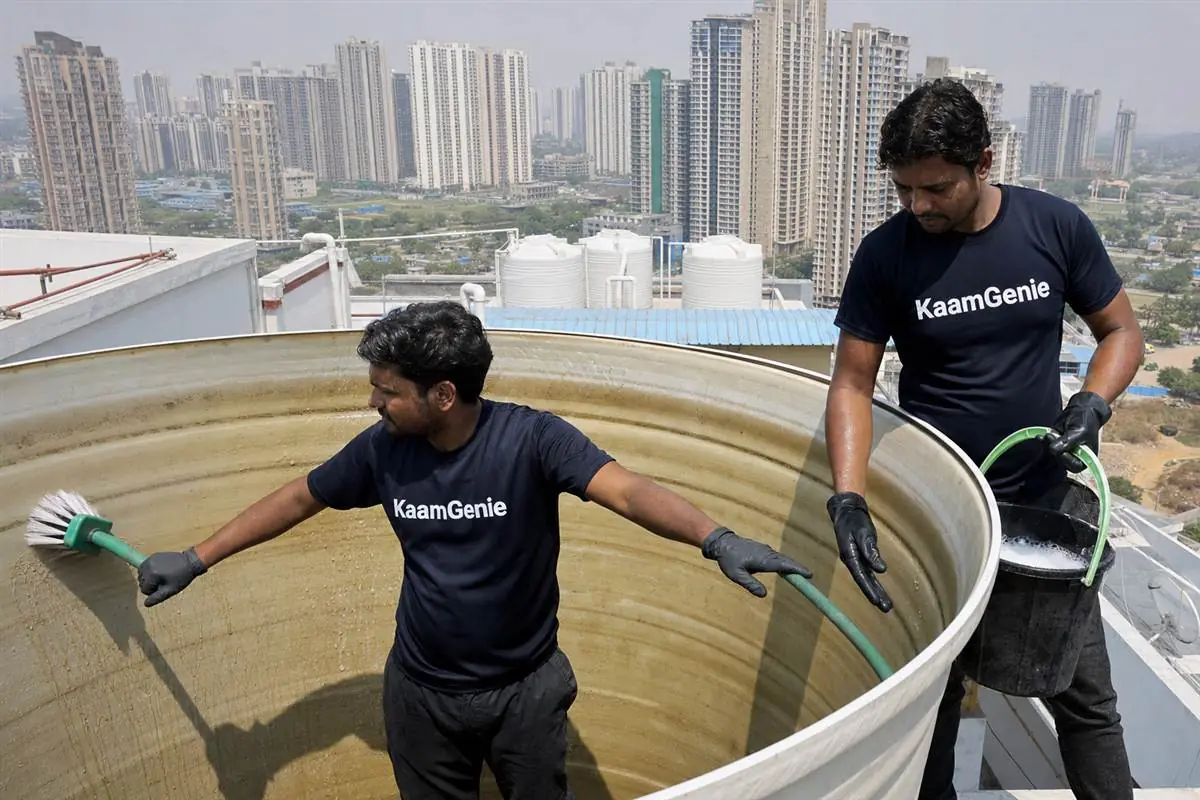 KaamGenie crew cleaning a water tank in Sector 85, Gurgaon