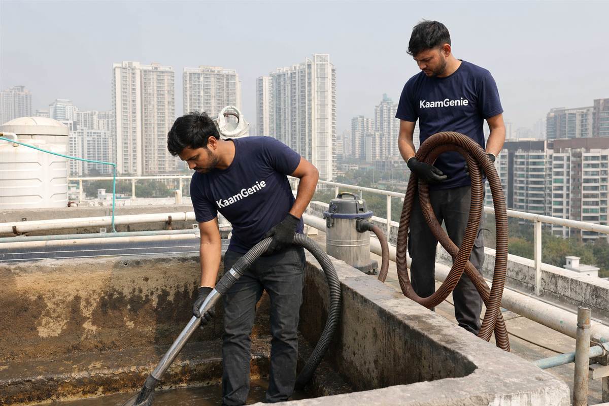 KaamGenie crew cleaning a water tank in Sector 86, Gurgaon