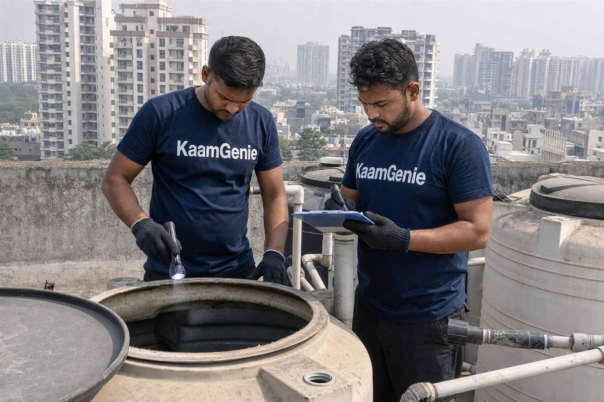 KaamGenie crew cleaning a water tank in Sector 88, Gurgaon