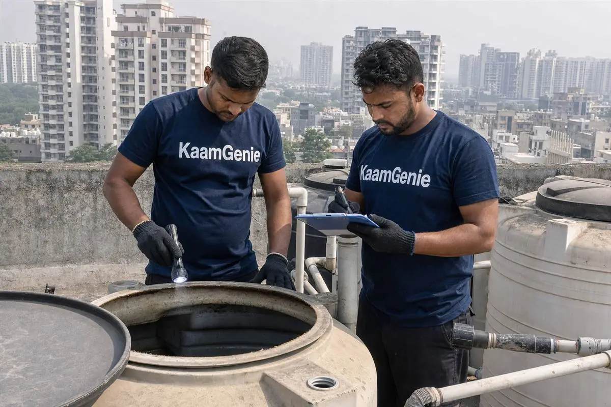 KaamGenie crew cleaning a water tank in Sector 88, Gurgaon