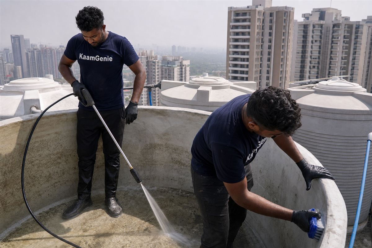 KaamGenie crew cleaning a water tank in Sector 89, Gurgaon