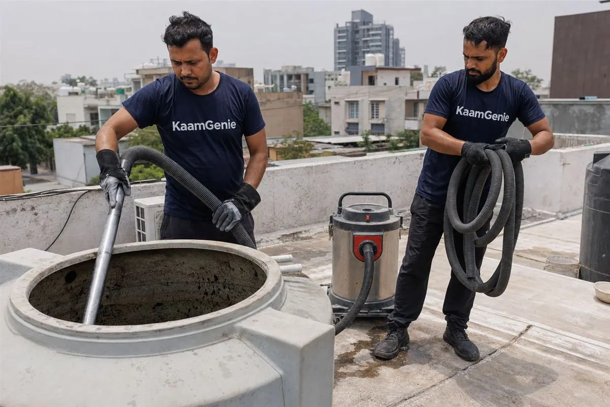 KaamGenie crew cleaning a water tank in Sector 9, Gurgaon