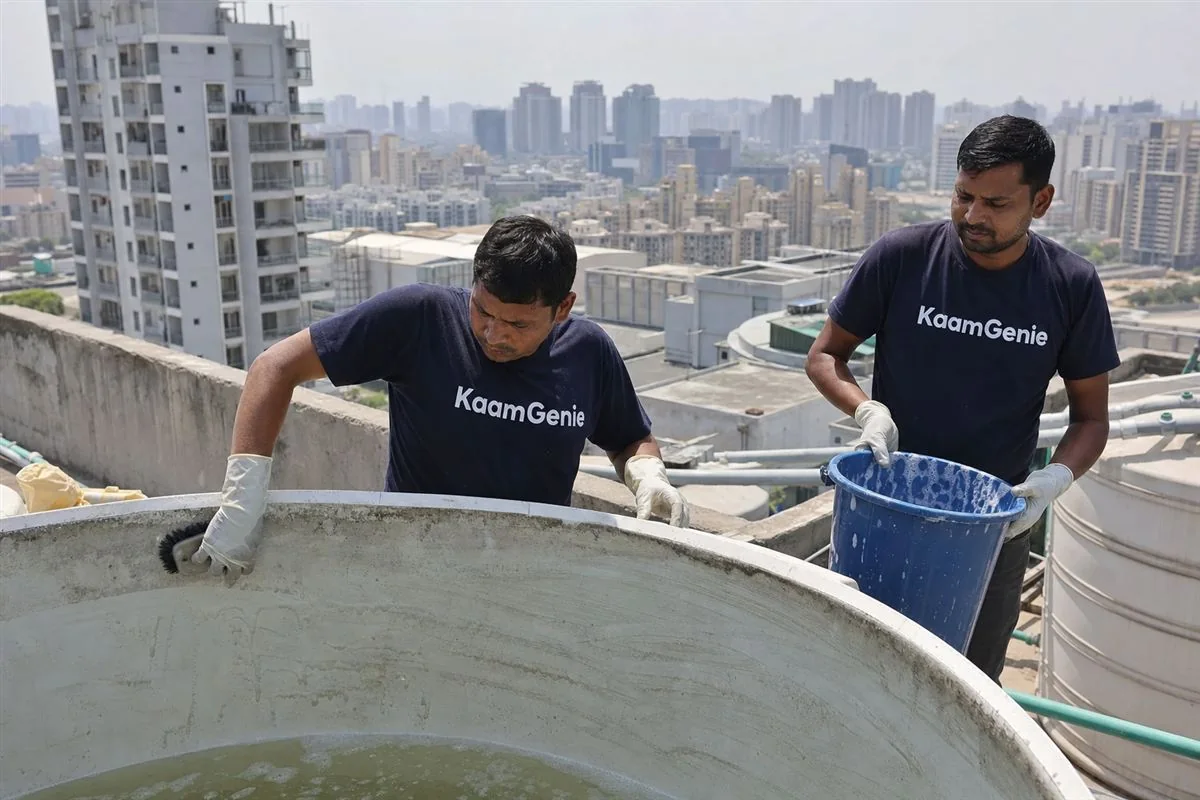 KaamGenie crew cleaning a water tank in Sector 90, Gurgaon