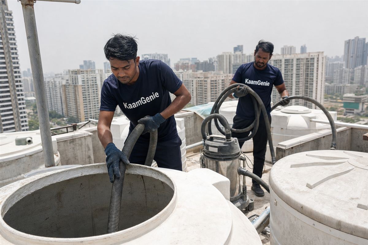 KaamGenie crew cleaning a water tank in Sector 92, Gurgaon