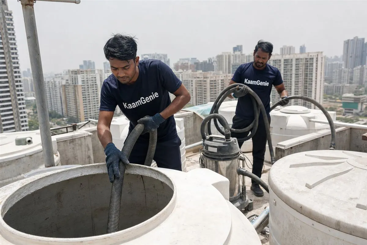 KaamGenie crew cleaning a water tank in Sector 92, Gurgaon